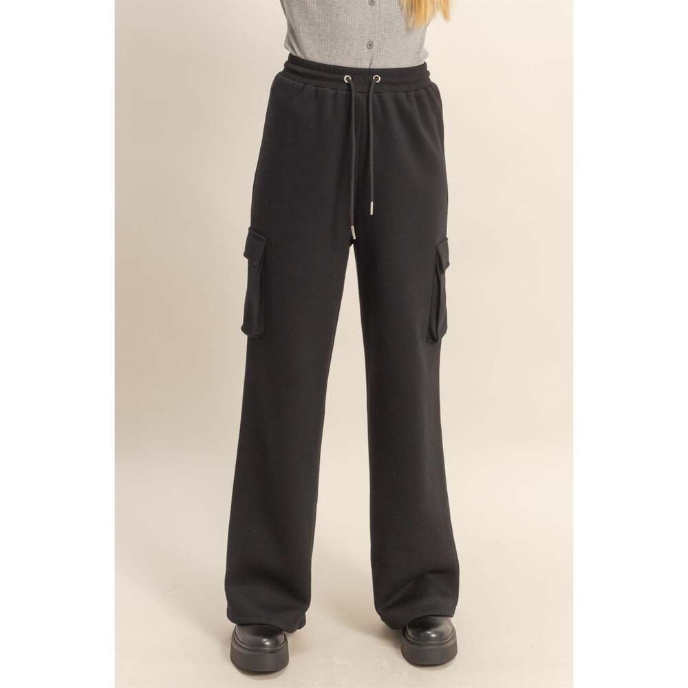 Double Zero Black Cotton Blend Terry Wide Leg Cargo Sweatpants